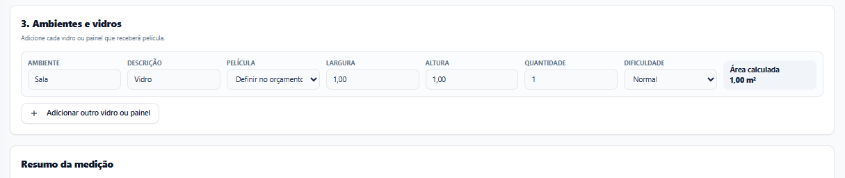Tela de medicao com ambiente e area calculada
